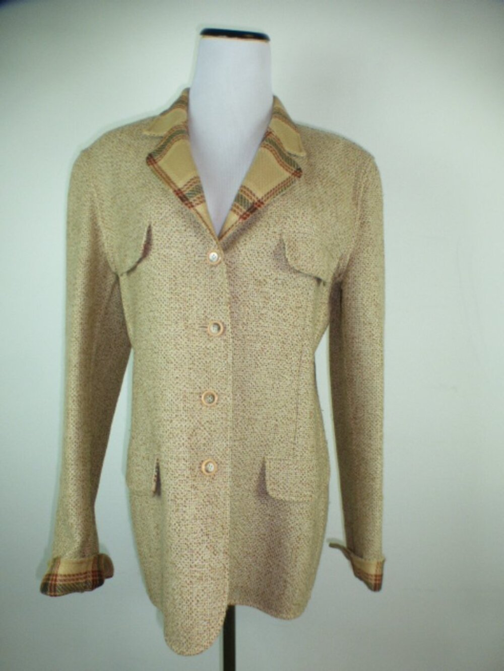 Genny Italy tweed plaid camel brown tartan double faced wool blazer 12 Vintage